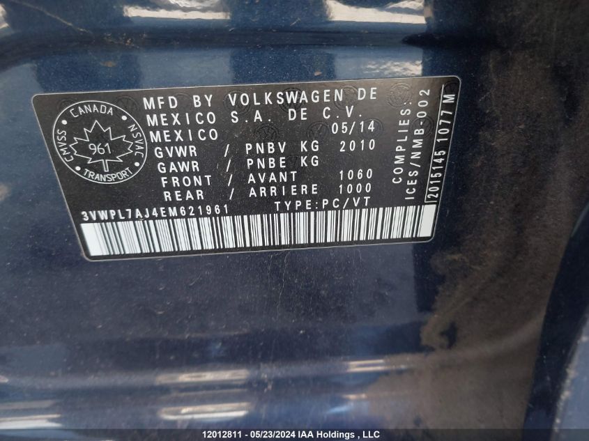 2014 Volkswagen Golf Wagon VIN: 3VWPL7AJ4EM621961 Lot: 12012811