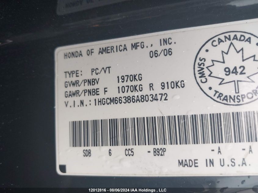 2006 Honda Accord VIN: 1HGCM66386A803472 Lot: 12012816