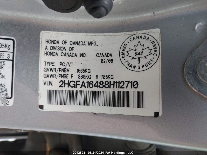 2008 Honda Civic Sdn VIN: 2HGFA16488H112710 Lot: 12012823