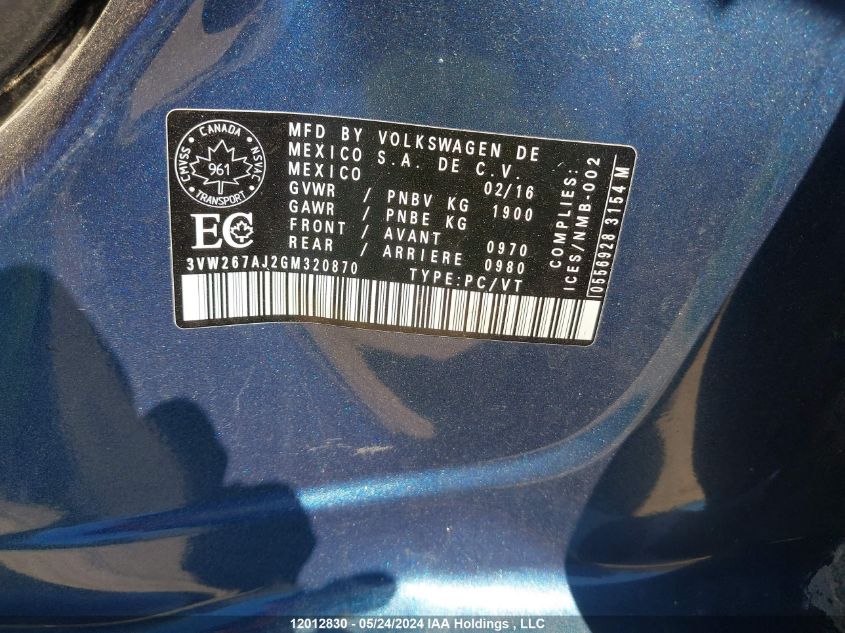 2016 Volkswagen Jetta Sedan VIN: 3VW267AJ2GM320870 Lot: 12012830