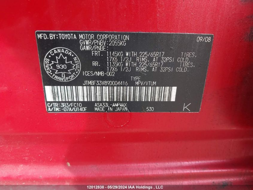 2009 Toyota Rav4 VIN: JTMBF33V89D004416 Lot: 12012838