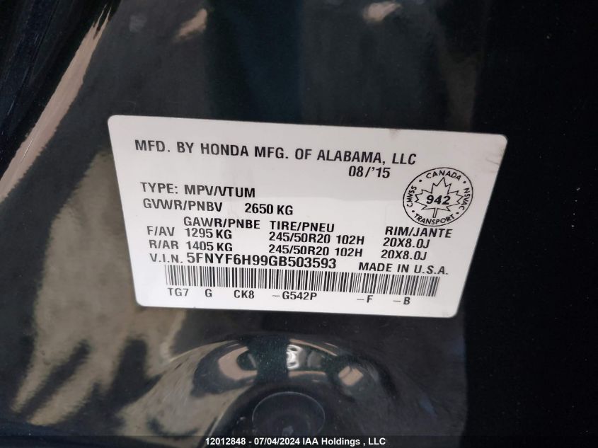 2016 Honda Pilot VIN: 5FNYF6H99GB503593 Lot: 12012848