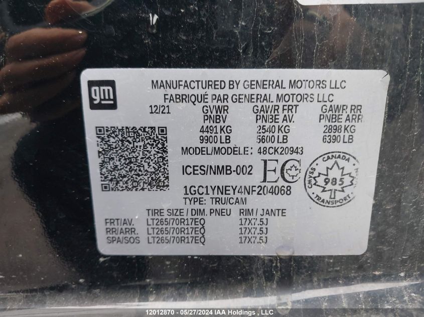 2022 Chevrolet Silverado 2500Hd VIN: 1GC1YNEY4NF204068 Lot: 12012870