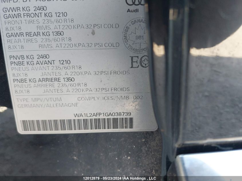 2016 Audi Q5 Premium Plus VIN: WA1L2AFP1GA038739 Lot: 12012879