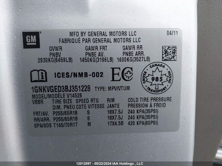 2011 Chevrolet Traverse VIN: 1GNKVGED3BJ351228 Lot: 12012897