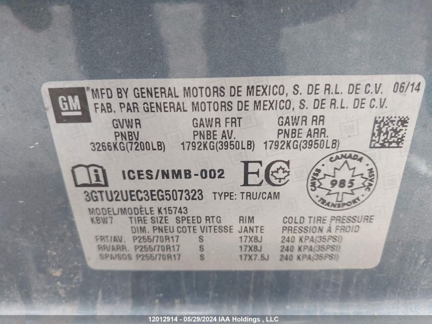 2014 GMC Sierra 1500 VIN: 3GTU2UEC3EG507323 Lot: 12012914