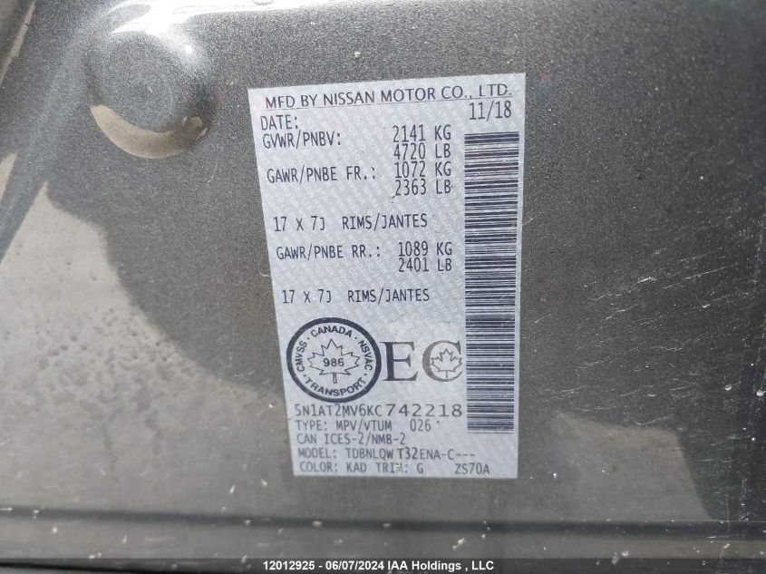 2019 Nissan Rogue VIN: 5N1AT2MV6KC742218 Lot: 12012925