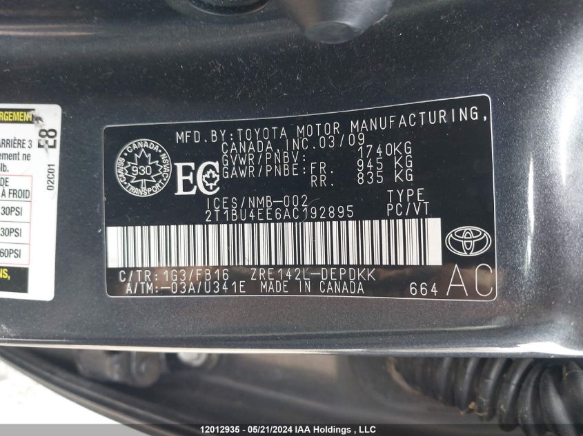 2010 Toyota Corolla Le VIN: 2T1BU4EE6AC192895 Lot: 12012935