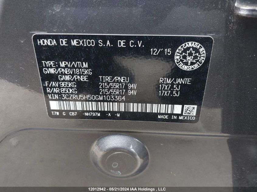 2016 Honda Hr-V VIN: 3CZRU5H50GM103364 Lot: 12012942