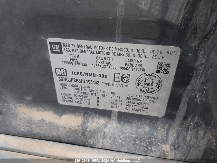 2017 Chevrolet Trax 1Lt VIN: 3GNCJPSB3HL193462 Lot: 12012943