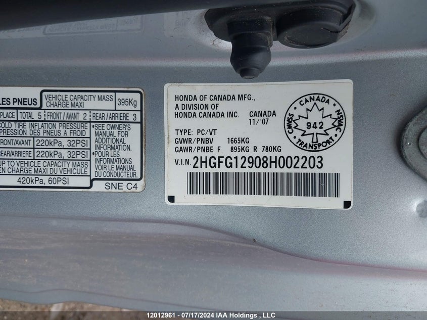 2008 Honda Civic VIN: 2HGFG12908H002203 Lot: 12012961
