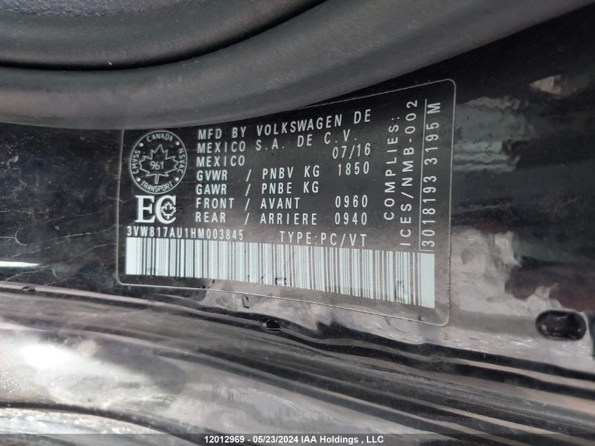 2017 Volkswagen Golf VIN: 3VW817AU1HM003845 Lot: 12012969