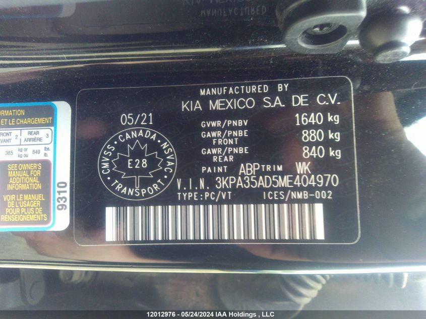 2021 Kia Rio Ex Premium VIN: 3KPA35AD5ME404970 Lot: 12012976