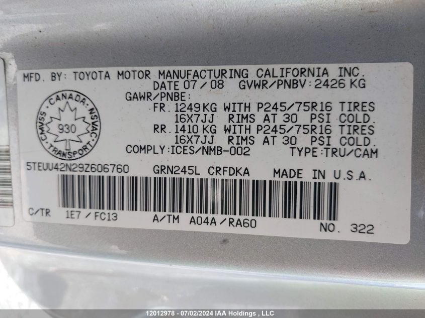 2009 Toyota Tacoma Access Cab VIN: 5TEUU42N29Z606760 Lot: 12012978