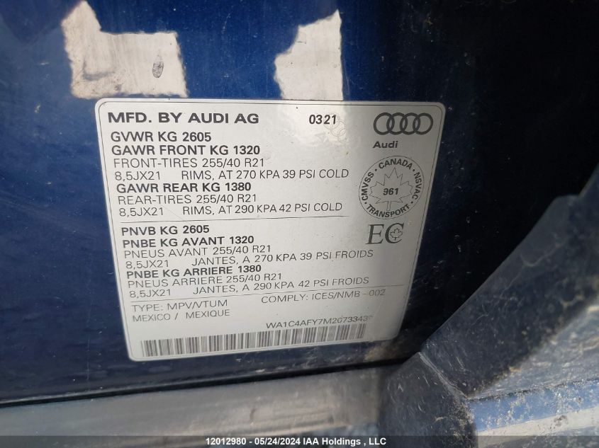 2021 Audi Q5/Sq5 VIN: WA1C4AFY7M2073343 Lot: 12012980