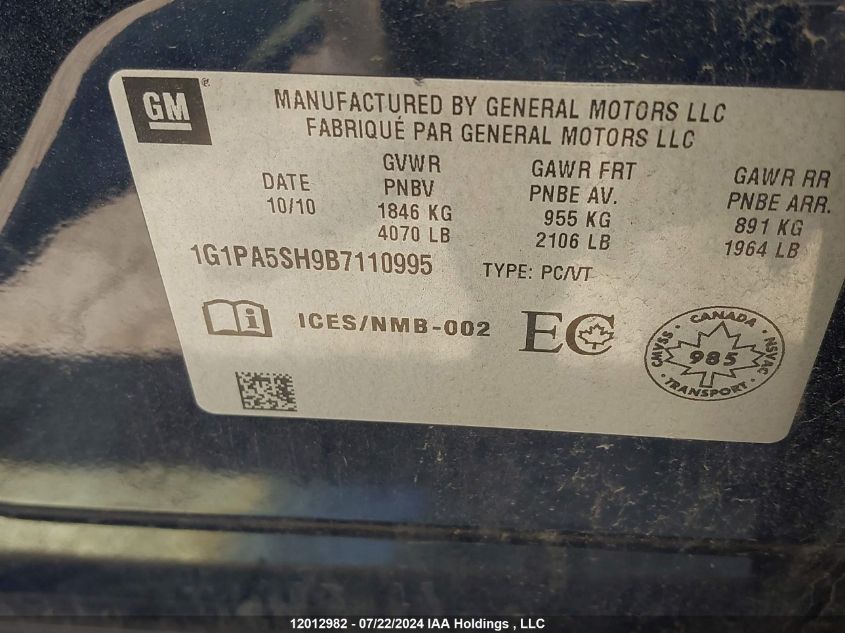 2011 Chevrolet Cruze VIN: 1G1PA5SH9B7110995 Lot: 12012982