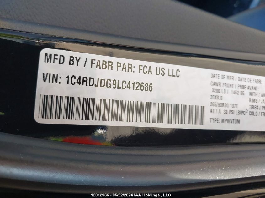 2020 Dodge Durango Gt VIN: 1C4RDJDG9LC412686 Lot: 12012986