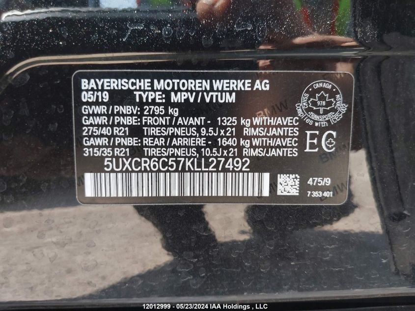 2019 BMW X5 VIN: 5UXCR6C57KLL27492 Lot: 12012999