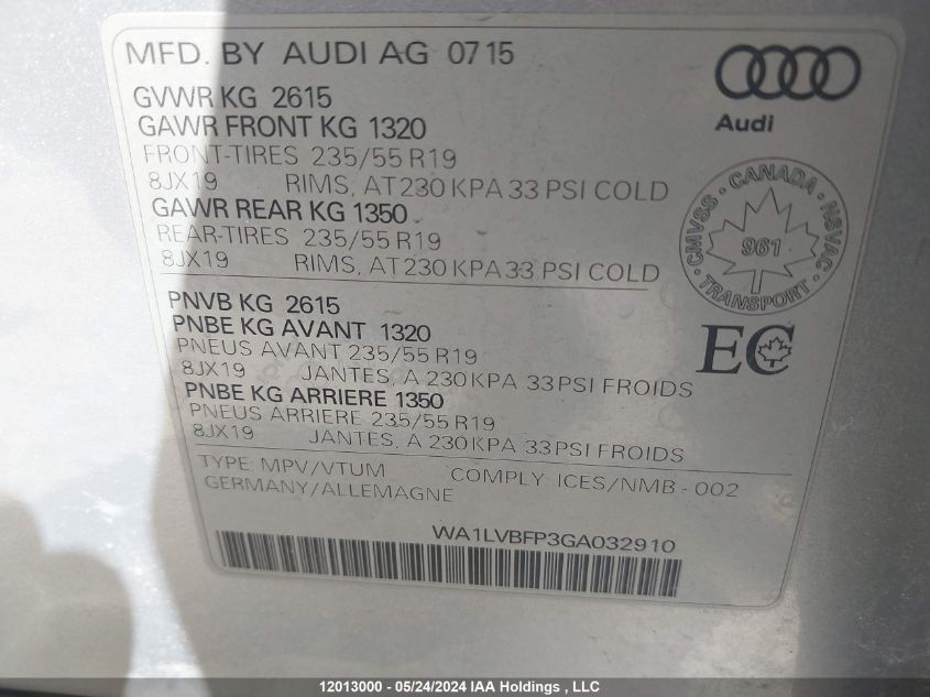 2016 Audi Q5 VIN: WA1LVBFP3GA032910 Lot: 12013000