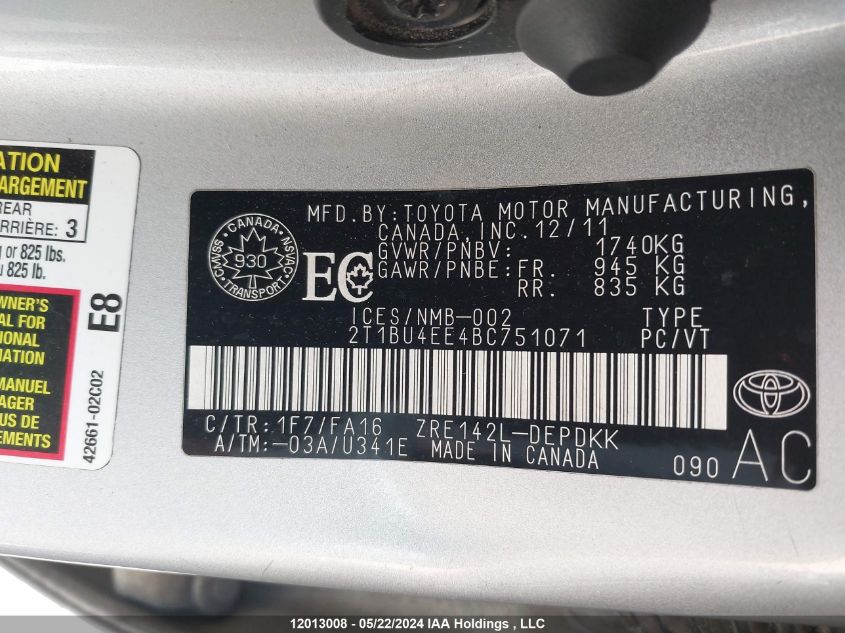 2011 Toyota Corolla Le VIN: 2T1BU4EE4BC751071 Lot: 12013008