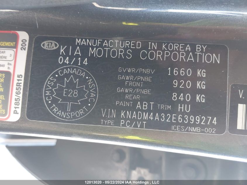 2014 Kia Rio VIN: KNADM4A32E6399274 Lot: 12013020