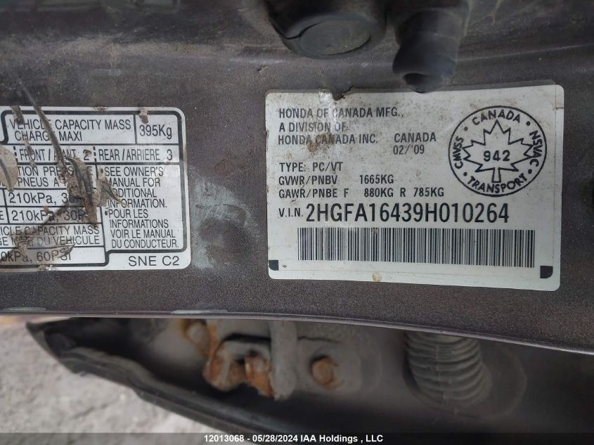 2009 Honda Civic VIN: 2HGFA16439H010264 Lot: 12013068