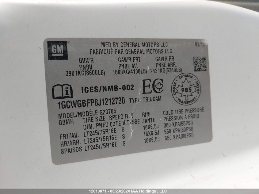 2018 Chevrolet Express Cargo Van VIN: 1GCWGBFP8J1212730 Lot: 12013071