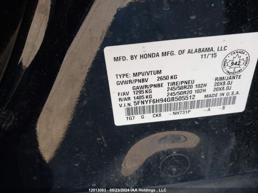 2016 Honda Pilot VIN: 5FNYF6H94GB505512 Lot: 12013083