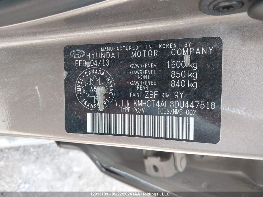 2013 Hyundai Accent VIN: KMHCT4AE3DU447518 Lot: 12013109