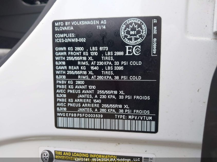 2015 Volkswagen Touareg VIN: WVGEF9BP5FD003539 Lot: 12013141