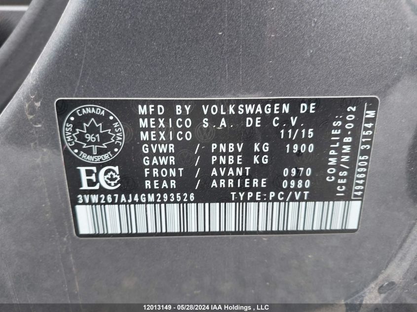 2016 Volkswagen Jetta Sedan VIN: 3VW267AJ4GM293526 Lot: 12013149