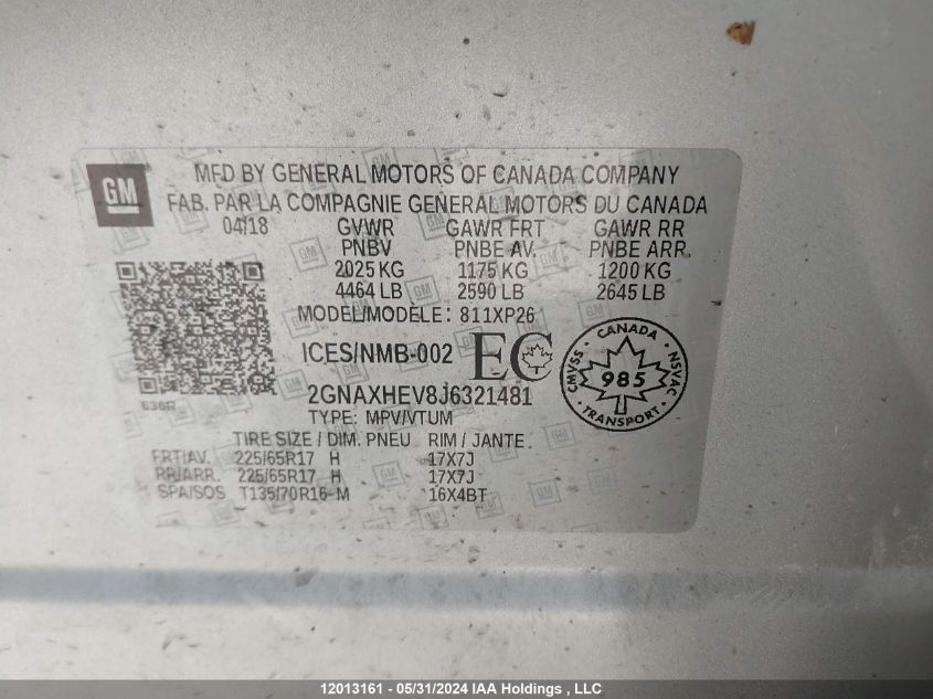 2018 Chevrolet Equinox Ls VIN: 2GNAXHEV8J6321481 Lot: 12013161
