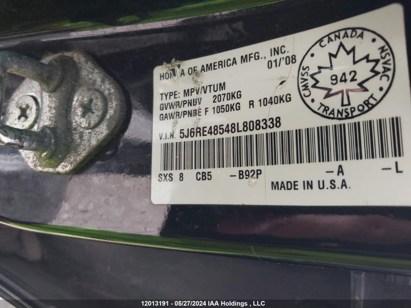 2008 Honda Cr-V VIN: 5J6RE48548L808338 Lot: 12013191