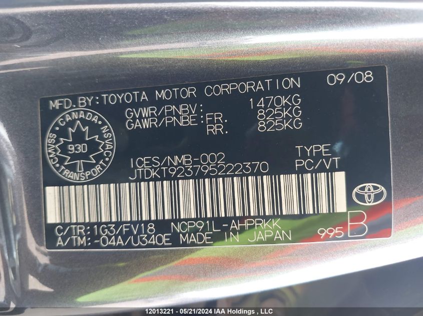 2009 Toyota Yaris Rs VIN: JTDKT923795222370 Lot: 12013221