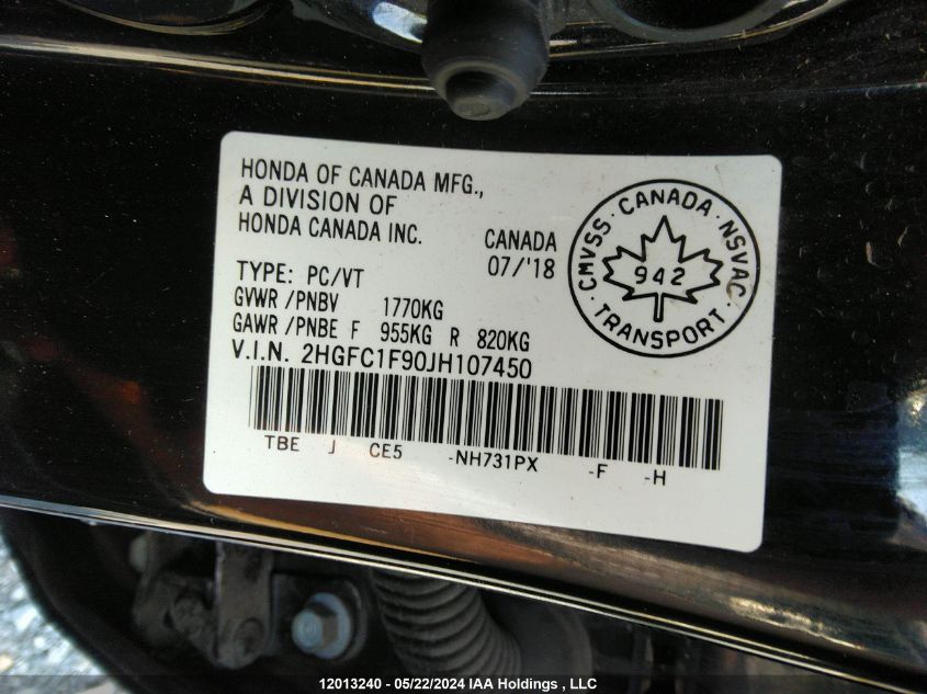 2018 Honda Civic Touring VIN: 2HGFC1F90JH107450 Lot: 12013240