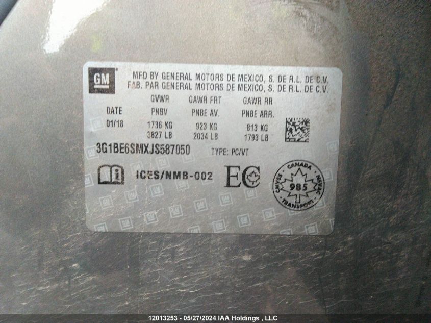 2018 Chevrolet Cruze Lt VIN: 3G1BE6SMXJS587050 Lot: 12013253