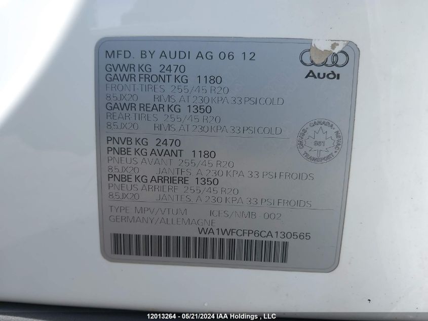 2012 Audi Q5 Prestige VIN: WA1WFCFP6CA130565 Lot: 12013264