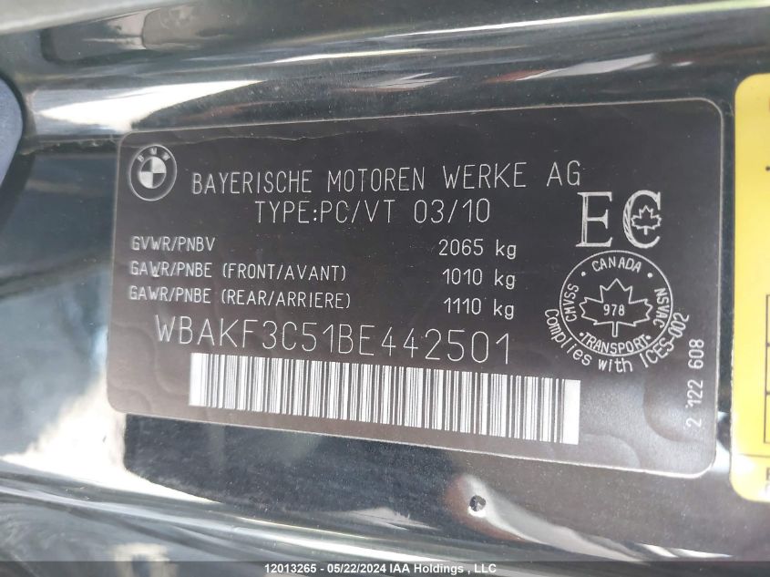 2011 BMW 3 Series VIN: WBAKF3C51BE442501 Lot: 12013265