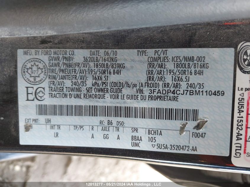 2011 Ford Fiesta Sel VIN: 3FADP4CJ7BM110459 Lot: 12013277