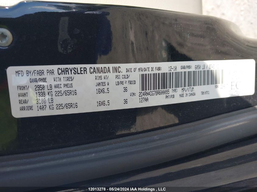 2011 Dodge Grand Caravan Express VIN: 2D4RN4DG7BR600095 Lot: 12013278