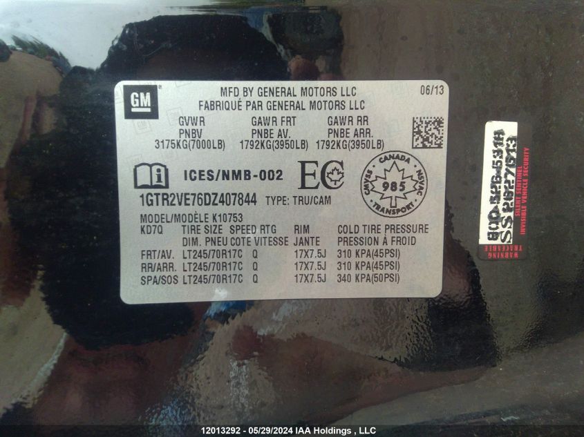 2013 GMC Sierra 1500 VIN: 1GTR2VE76DZ407844 Lot: 12013292