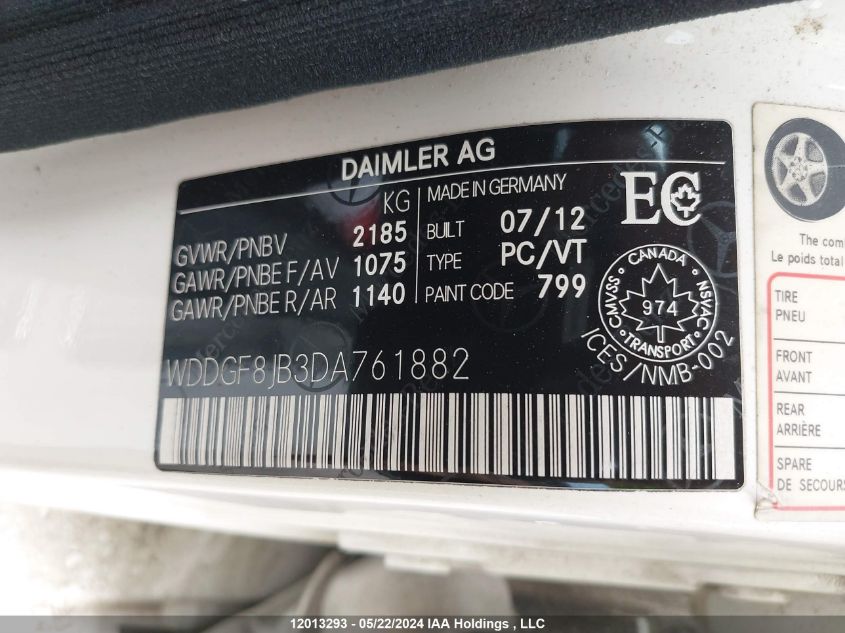 2013 Mercedes-Benz C-Class VIN: WDDGF8JB3DA761882 Lot: 12013293