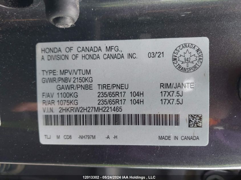 2021 Honda Cr-V Lx VIN: 2HKRW2H27MH221465 Lot: 12013302