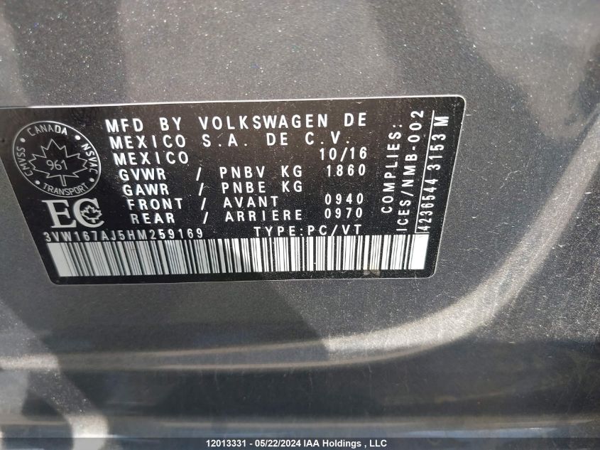 2017 Volkswagen Jetta Sedan VIN: 3VW167AJ5HM259169 Lot: 12013331