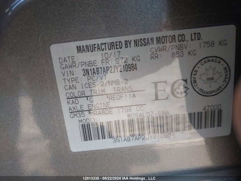 2018 Nissan Sentra VIN: 3N1AB7AP2JY210984 Lot: 12013335