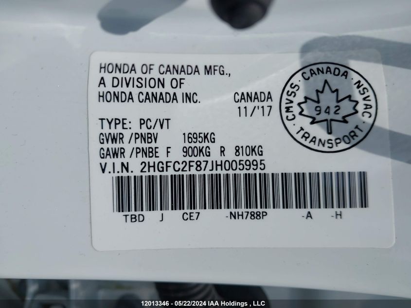 2018 Honda Civic Sedan VIN: 2HGFC2F87JH005995 Lot: 12013346