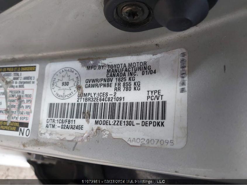 2004 Toyota Corolla Ce/Le/Sport VIN: 2T1BR32E64C821091 Lot: 12013349