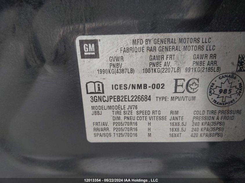 2014 Chevrolet Trax 1Lt VIN: 3GNCJPEB2EL226684 Lot: 12013354
