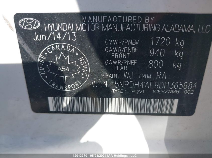 2013 Hyundai Elantra Gl VIN: 5NPDH4AE9DH365684 Lot: 12013370