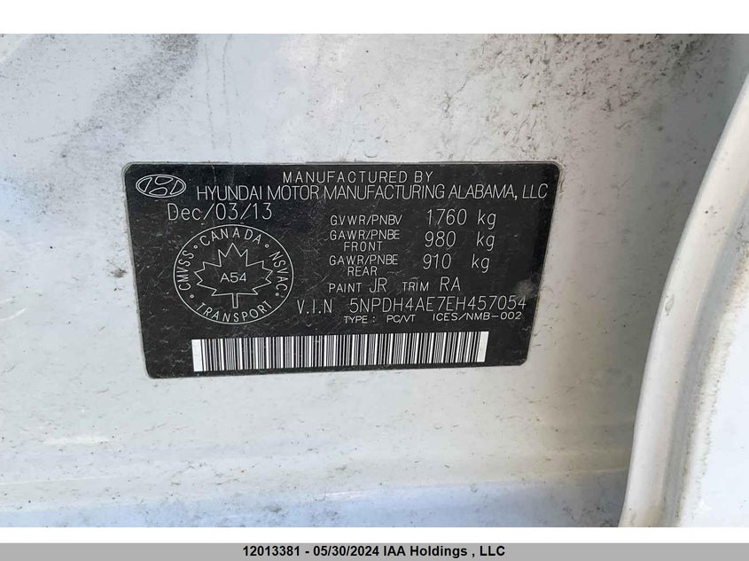 2014 Hyundai Elantra Se/Sport/Limited VIN: 5NPDH4AE7EH457054 Lot: 12013381